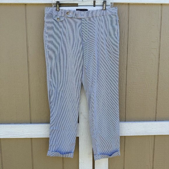 Ralph Lauren Blue White Stripe Cropped Cuffed Pants Women’s Size 10 Stretch - Picture 1 of 7